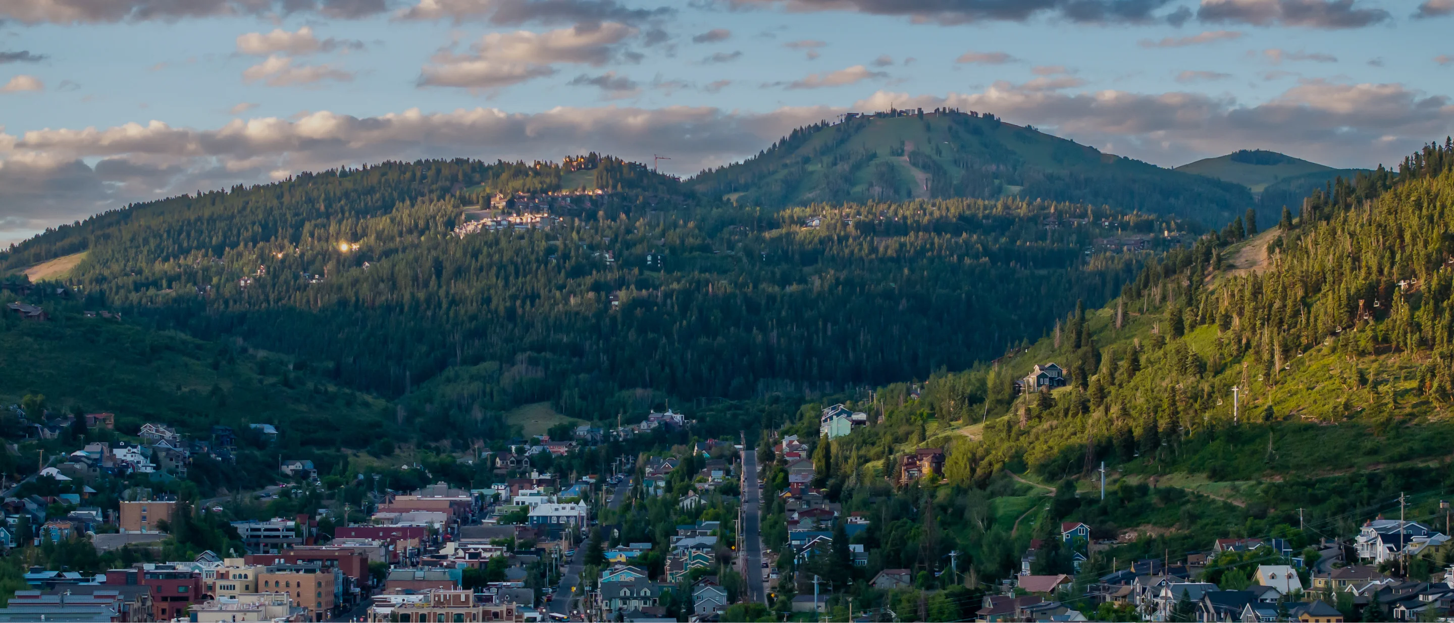 Park City, Utah mountain town panorama at golden hour